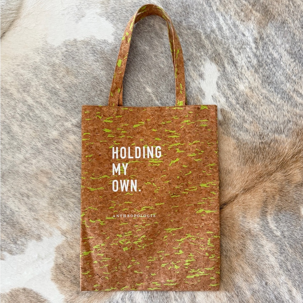 NWOT Anthropologie “HOLDING MY OWN” Cork Tote in Brown with Lime Marble Accents